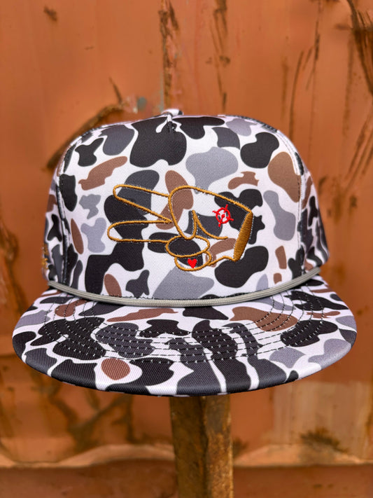 Hustlin Hippie PL Series 5 Panel Snapback Hat w/Rope- CAMO- BROWN LOGO w/ Bold Style