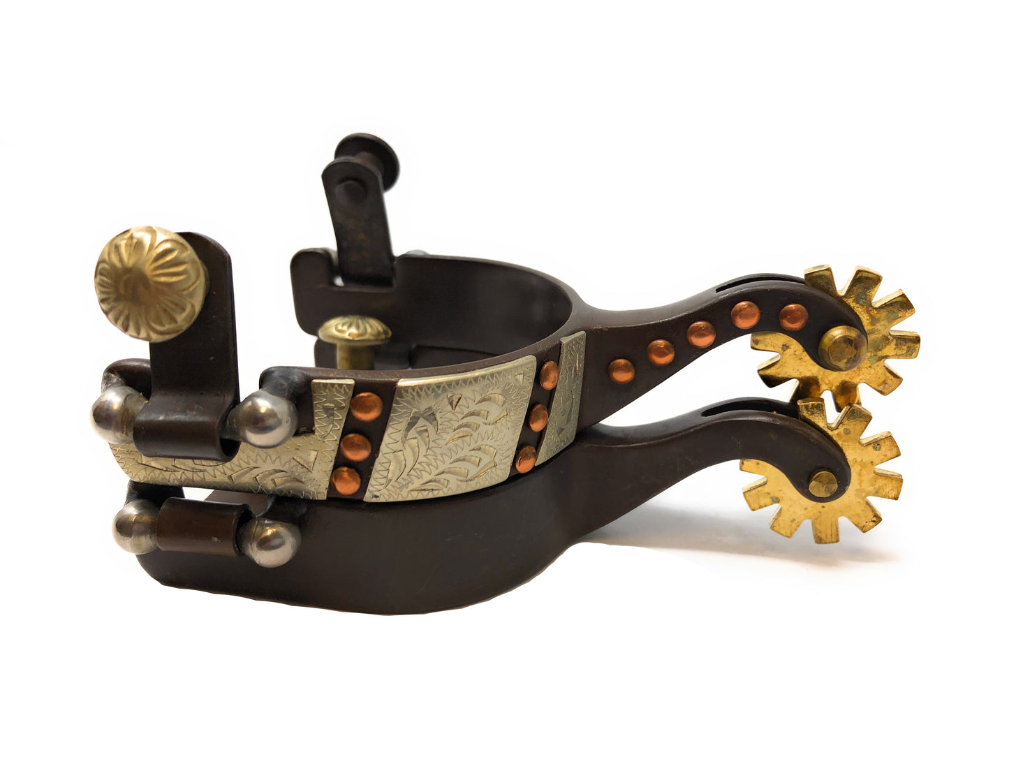 AJ Tack Youth Antique Brown Western Engraved Spurs with Copper Dots