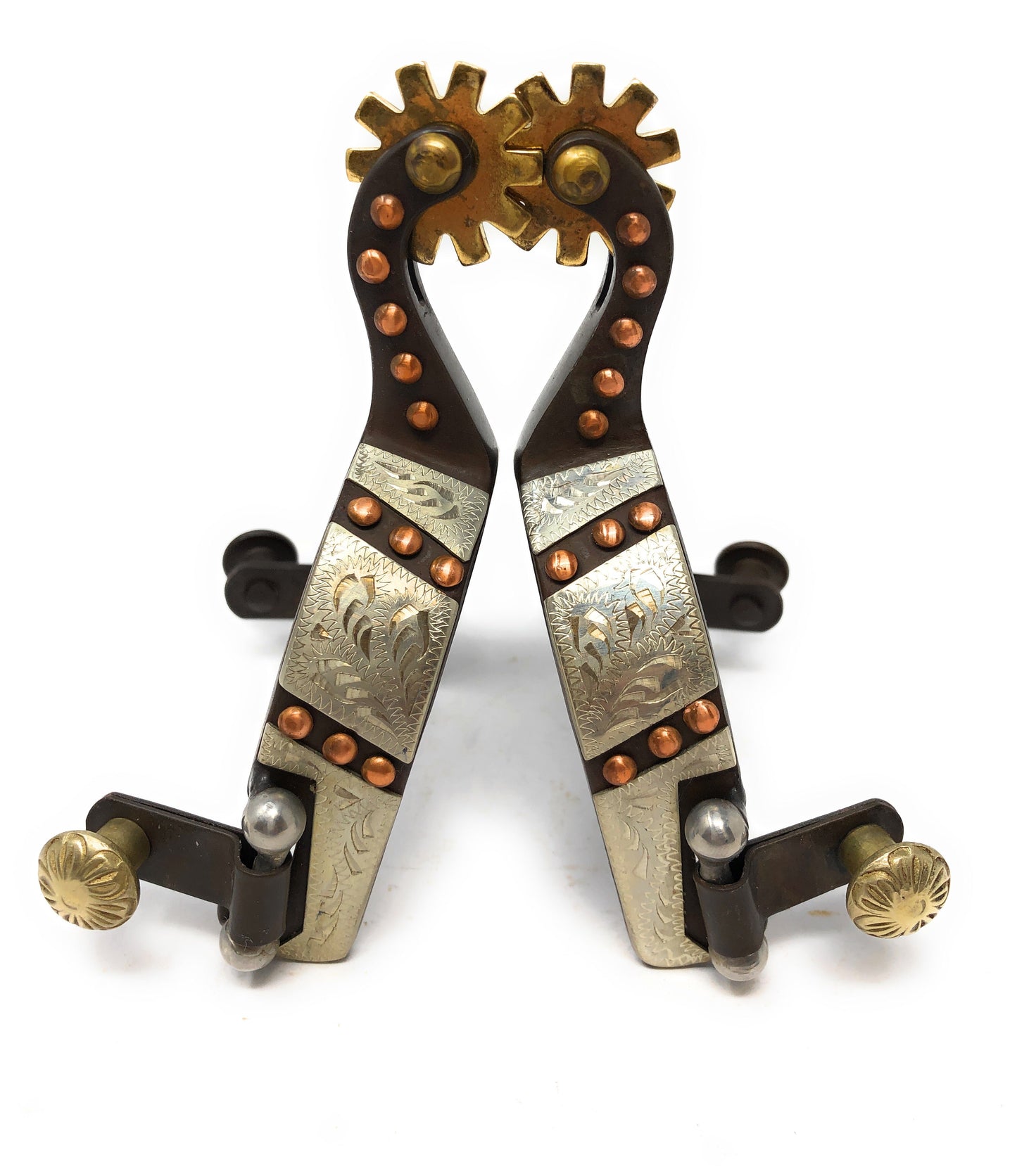 AJ Tack Youth Antique Brown Western Engraved Spurs with Copper Dots
