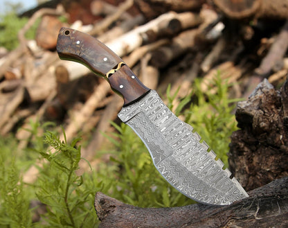 KBS Knives Handmade Damascus Steel Tom Brown Best Tracker Knife For sale with Sheep Horn, Rose Wood and Brass Spacer Handle and Leather Sheath