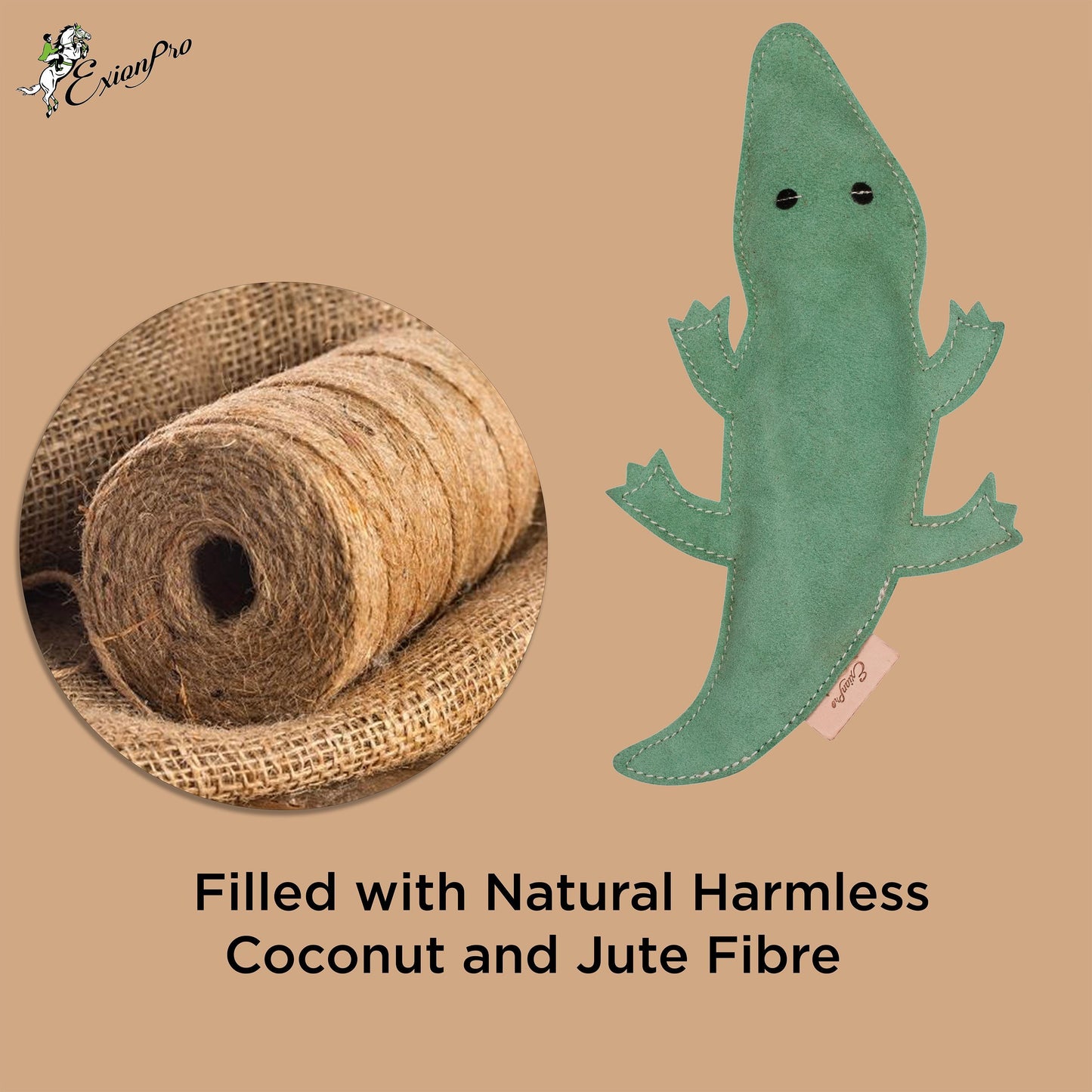 Bridles & Reins ExionPro Natural Leather Crocodile Dog Toy with Non Toxic Fiber Stuffing- Green Color