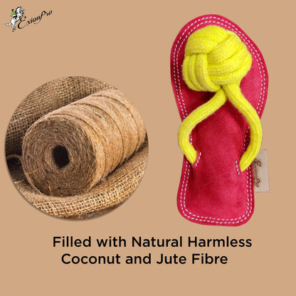 Bridles & Reins ExionPro Natural Leather Slipper Dog Toy with Non Toxic Fiber Stuffing - Red/Yellow Color