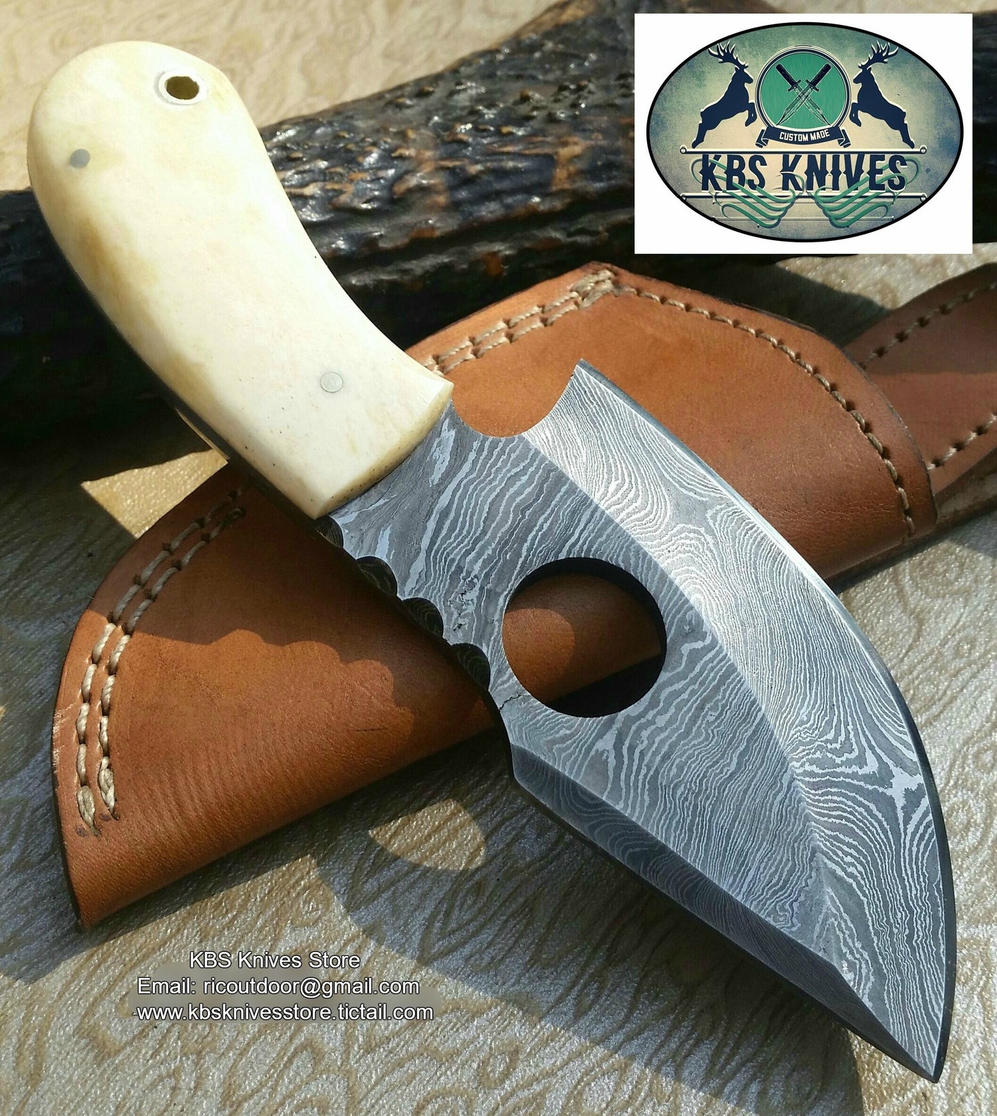 KBS Knives Finger Hole Damascus Skinning Knife