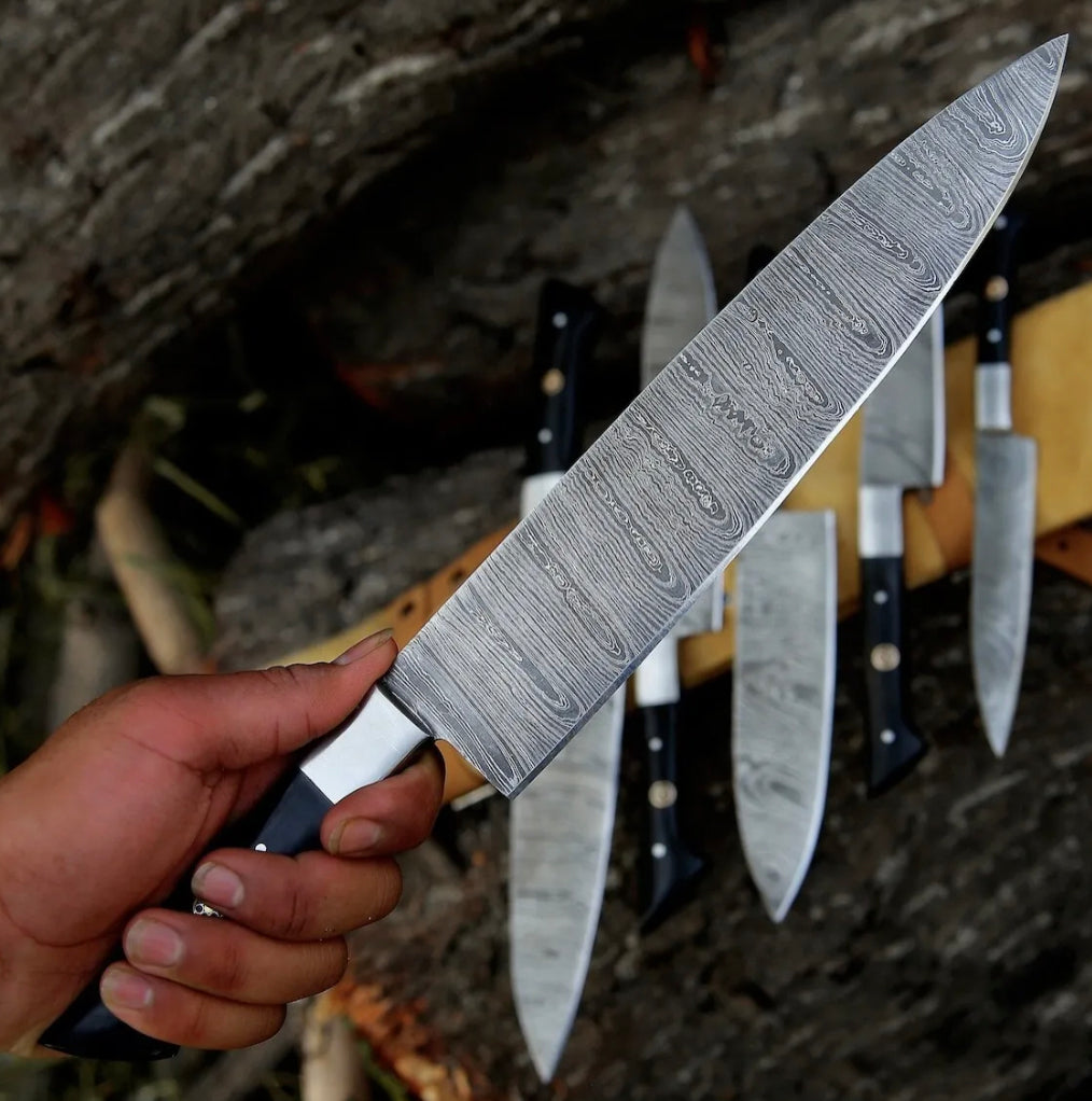 Texan Knives Knife Sets for Kitchen – 13" Damascus Steel Chef Knife with Epoxy Resin Handle & Leather Sheath