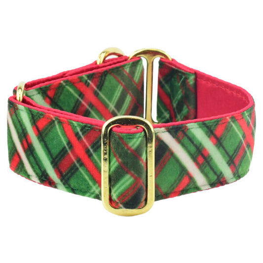 2 Hounds Design Christmas Plaid Green Elite Velvet Martingale Dog Collar