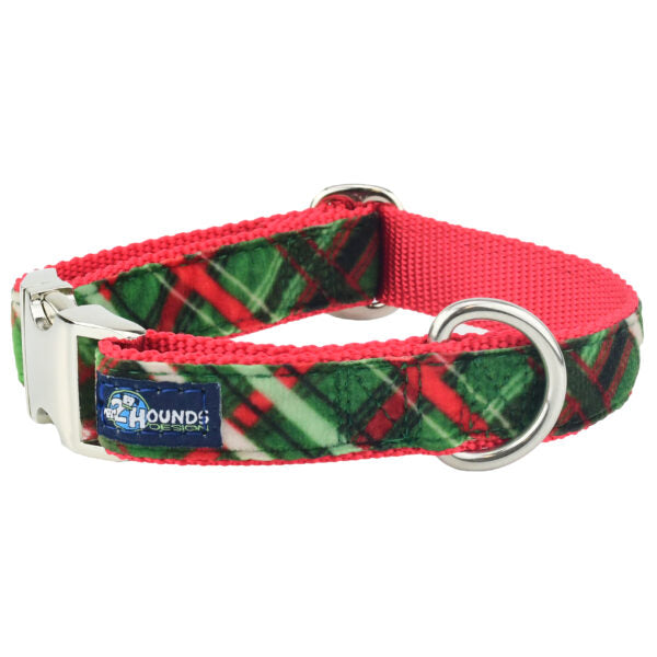 2 Hounds Design Christmas Plaid Green Velvet Essential Martingale Dog Collar (1″ Only)
