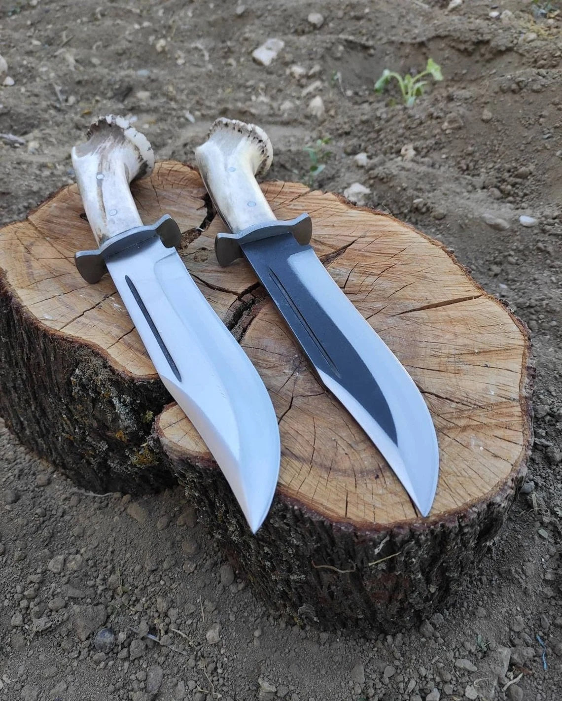 KBS Knives High-Carbon 1095 Forged Steel Bowie Knife - Handmade Deer Horn Guard Handle, Leather Sheath Included