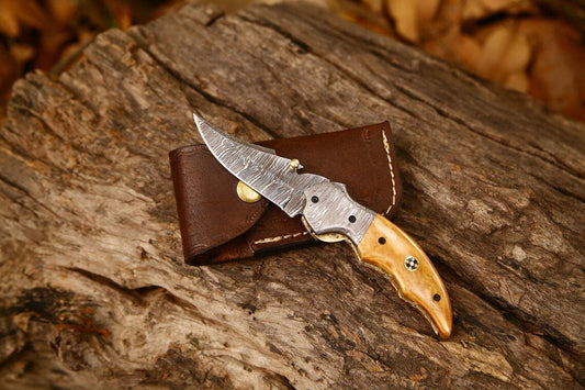 KBS Knives Custom Handmade Damascus Steel EDC Folding Pocket Knife | 3-Inch Blade, Colored Bone Handle, Leather Case | Ideal Gift for Any Occasion by KBS Knives