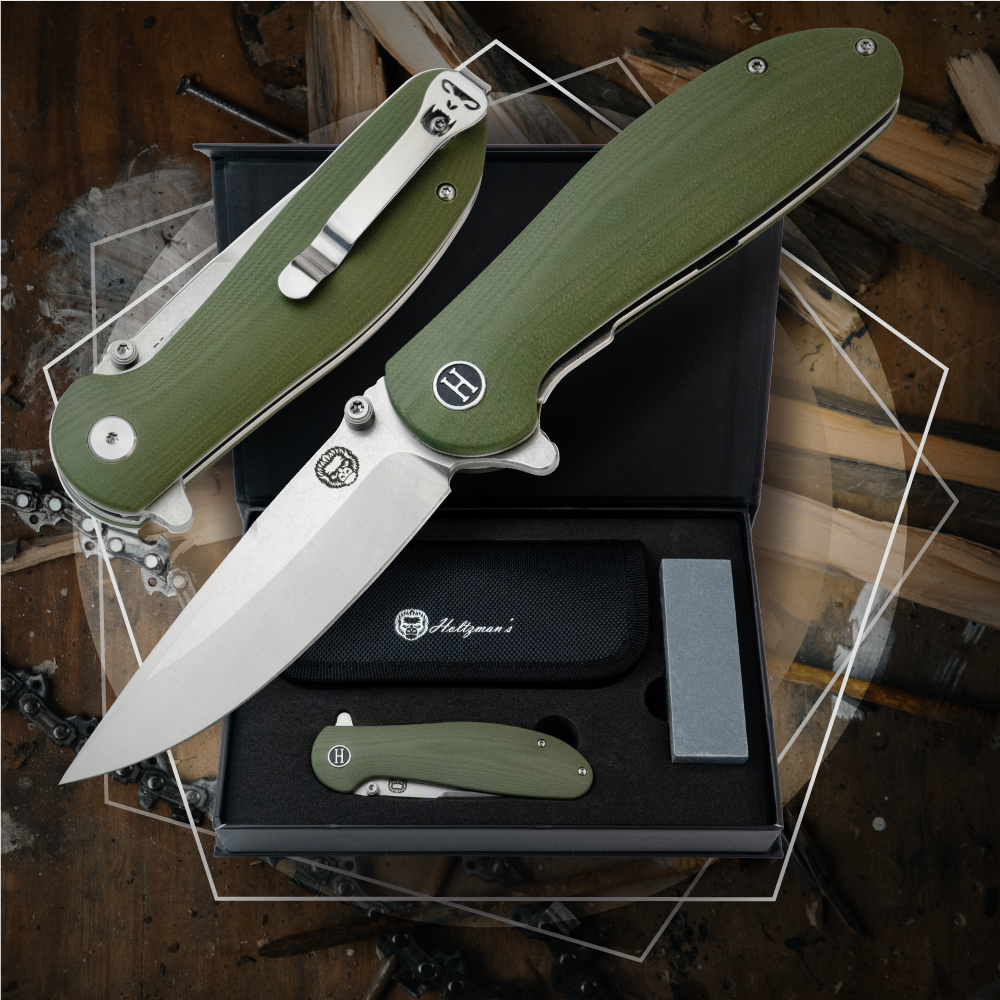 Holtzman's Gorilla Survival The Straight Back Folding Pocket Knife Giftset for Men and Women (Silver and Green)