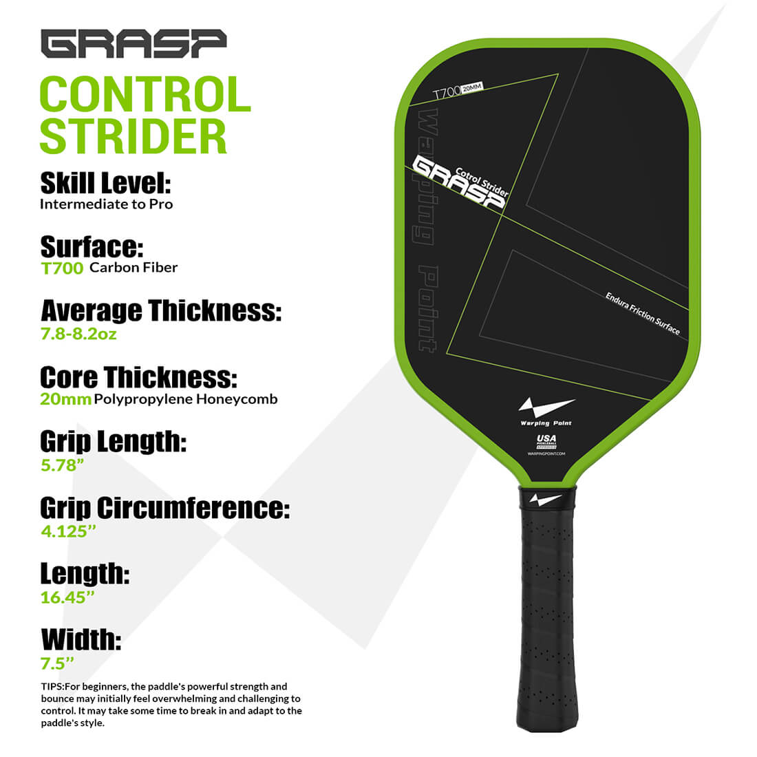 Warping Point Grasp Pickleball Paddle - 20mm