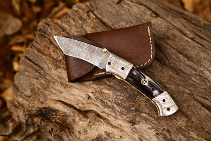 KBS Knives New Custom Handmade Damascus Steel Tanto Blade EDC Folding Pocket Knife | 3-Inch Blade, Buffalo Horn Handle, Leather Case | Perfect Gift by KBS Knives