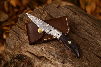 KBS Knives Hand Engraved Custom Damascus Steel EDC Folding Pocket Knife | 3-Inch Blade, Wenge Wood Handle, Leather Case | Anniversary Gift Idea