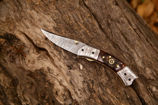 KBS Knives Custom Handmade Damascus Steel EDC Folding Pocket Knife – 3-Inch Blade, Sheep Horn Handle, Leather Case – Perfect Wedding Gift by KBS Knives