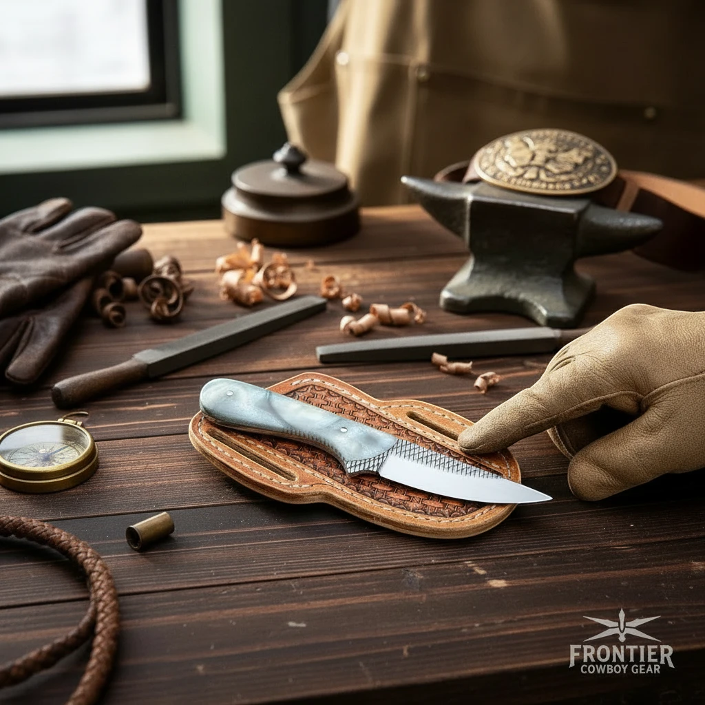 Frontier Cowboy Gear The Silver Spur – Custom Handmade Farrier Rasp Steel Knife with Pearl Resin Handle & Leather Sheath