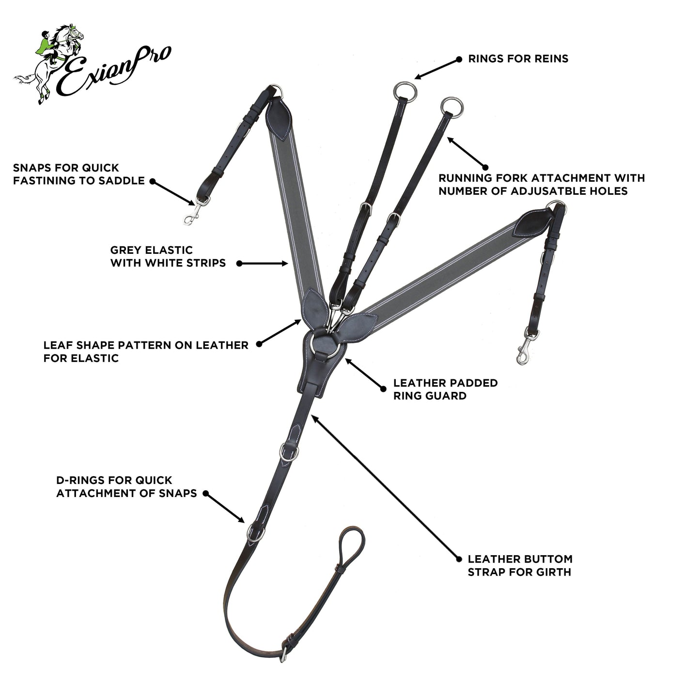 Bridles & Reins ExionPro Wide Elastic 3 Point Breastplate - Grey Elastic with White Lines