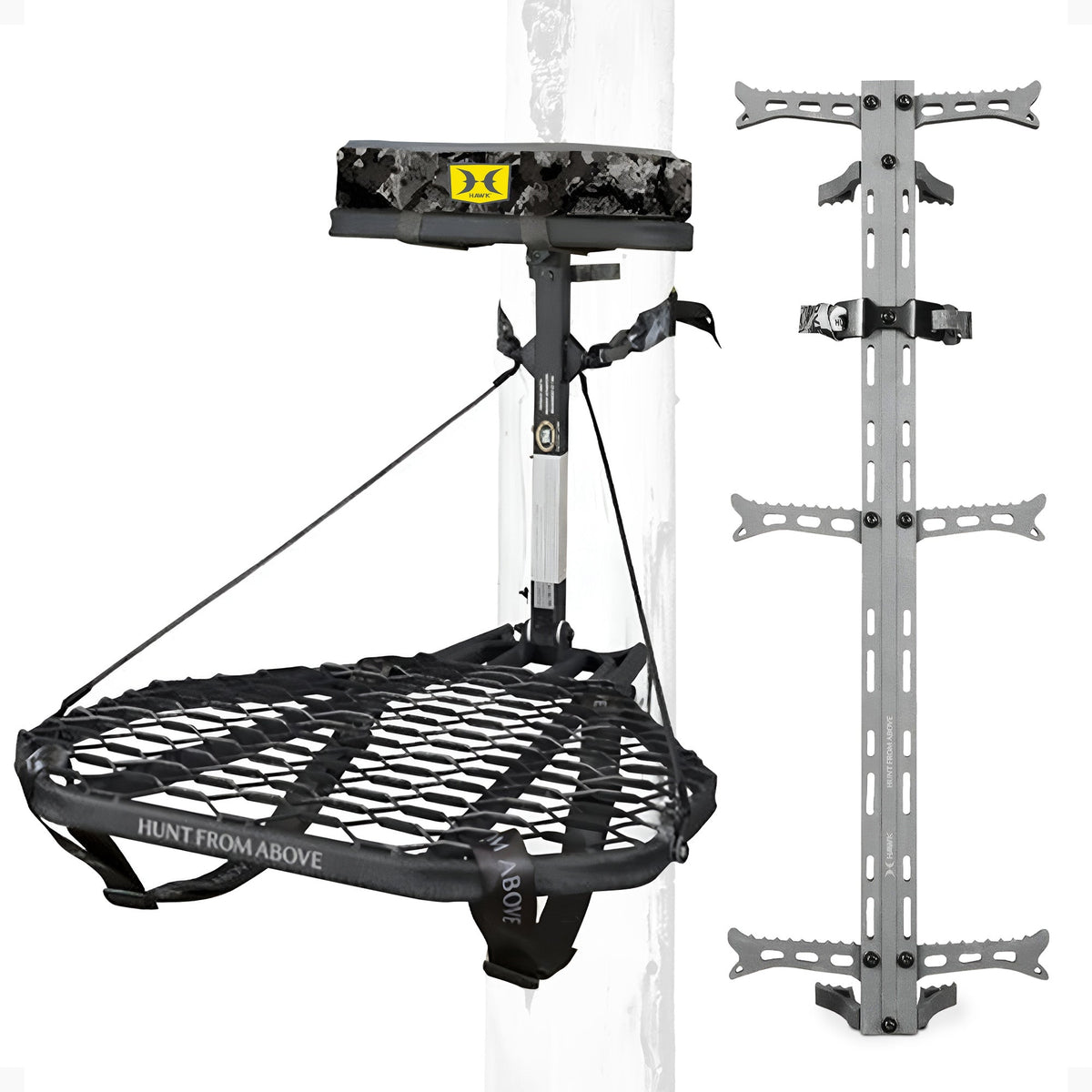 Hawk COMBAT Hang On Hunting Tree Stand & Set of 3 Helium Climbing Sticks w/Steps