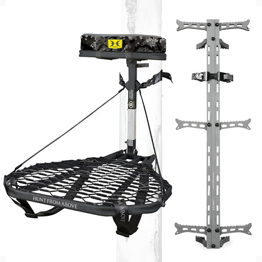 Hawk COMBAT Hang On Hunting Tree Stand & Set of 3 Helium Climbing Sticks w/Steps