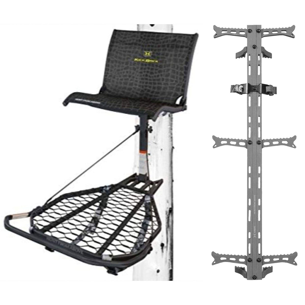Hawk Kickback LVL Hang On Tree Stand with Footrest & Set of 3 Climbing Sticks
