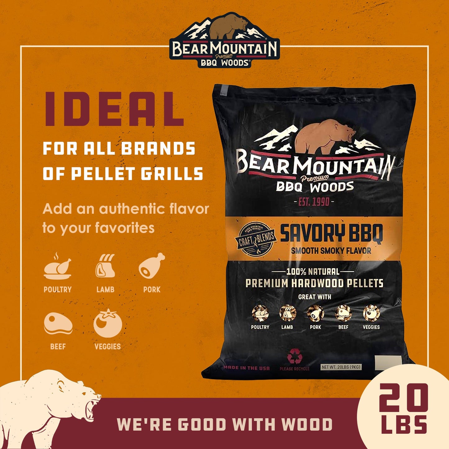 Bear Mountain BBQ Hardwood Savory Craft Blends Grill Smoker Pellets, 20 Pounds