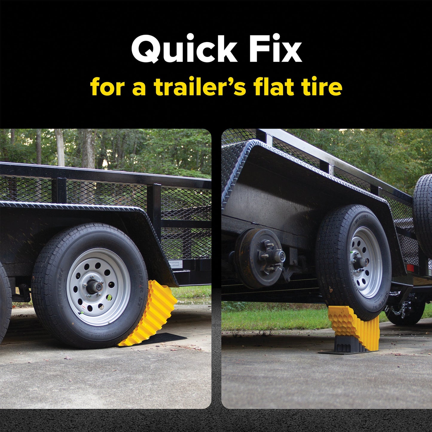 Camco Curved Trailer Aid with Chock & Pad, 6.5" Lift for Tandem Trailer, Yellow