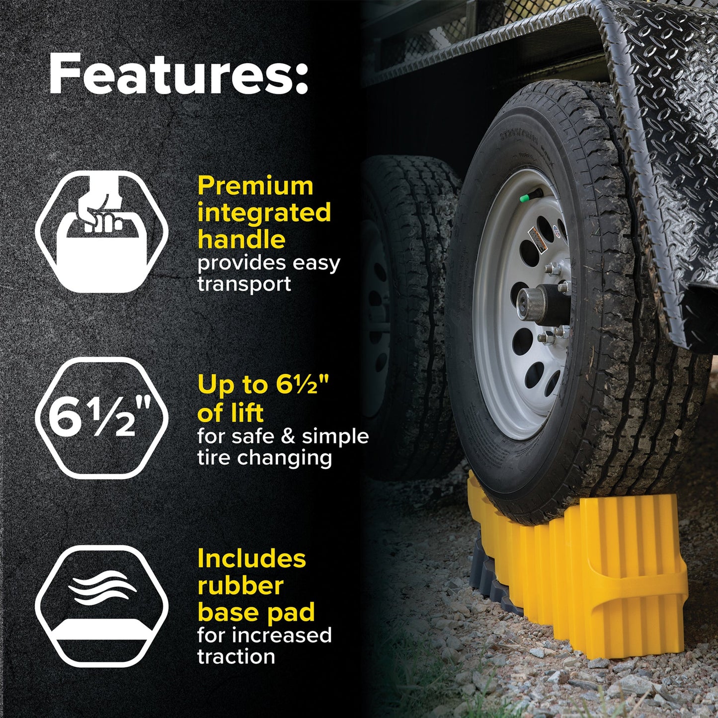 Camco Curved Trailer Aid with Chock & Pad, 6.5" Lift for Tandem Trailer, Yellow