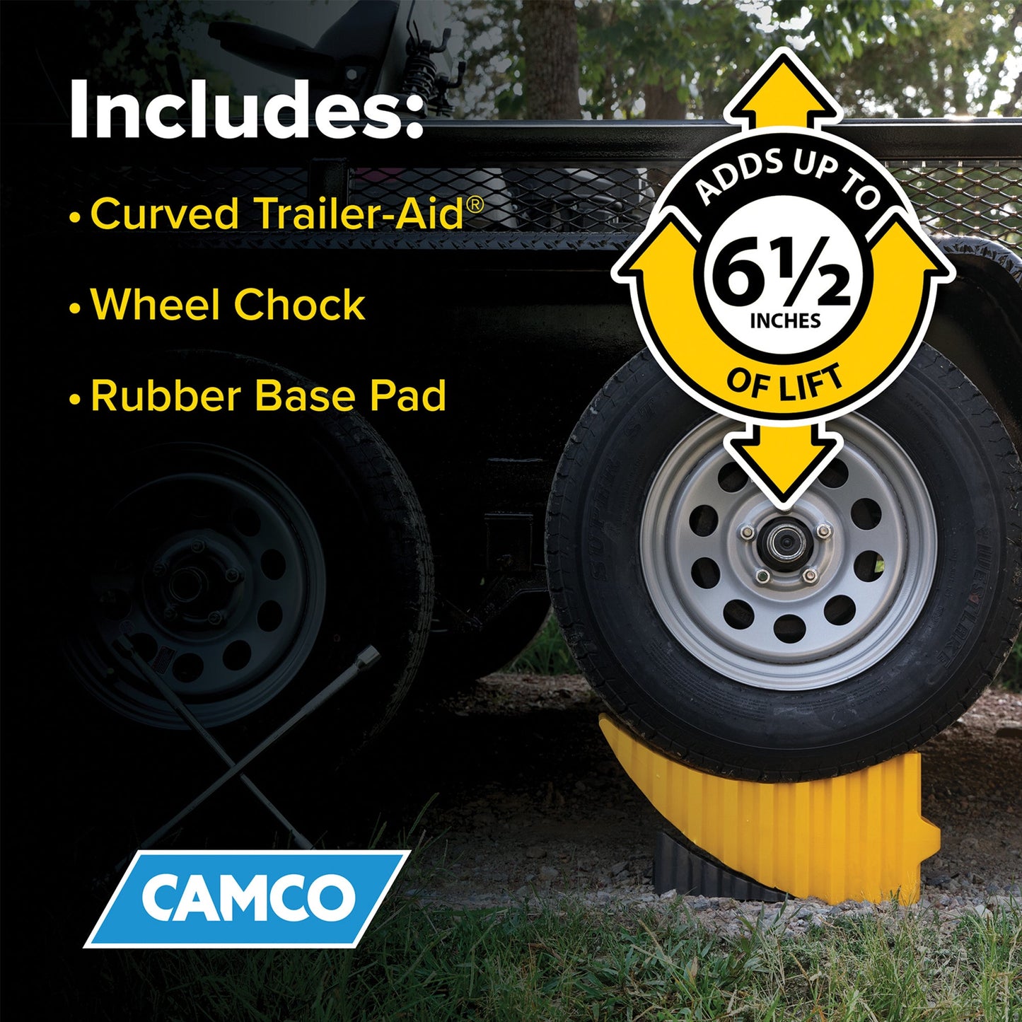 Camco Curved Trailer Aid with Chock & Pad, 6.5" Lift for Tandem Trailer, Yellow