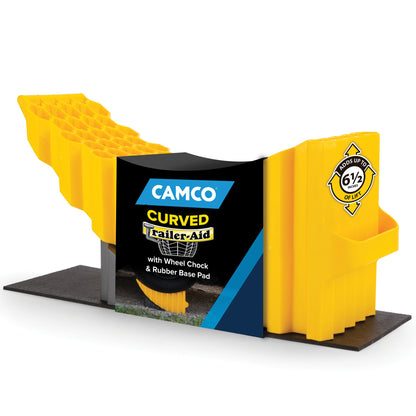 Camco Curved Trailer Aid with Chock & Pad, 6.5" Lift for Tandem Trailer, Yellow