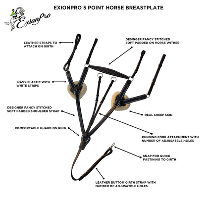 Bridles & Reins ExionPro 5 Point Breastplate - Navy Blue Elastic with White Lines