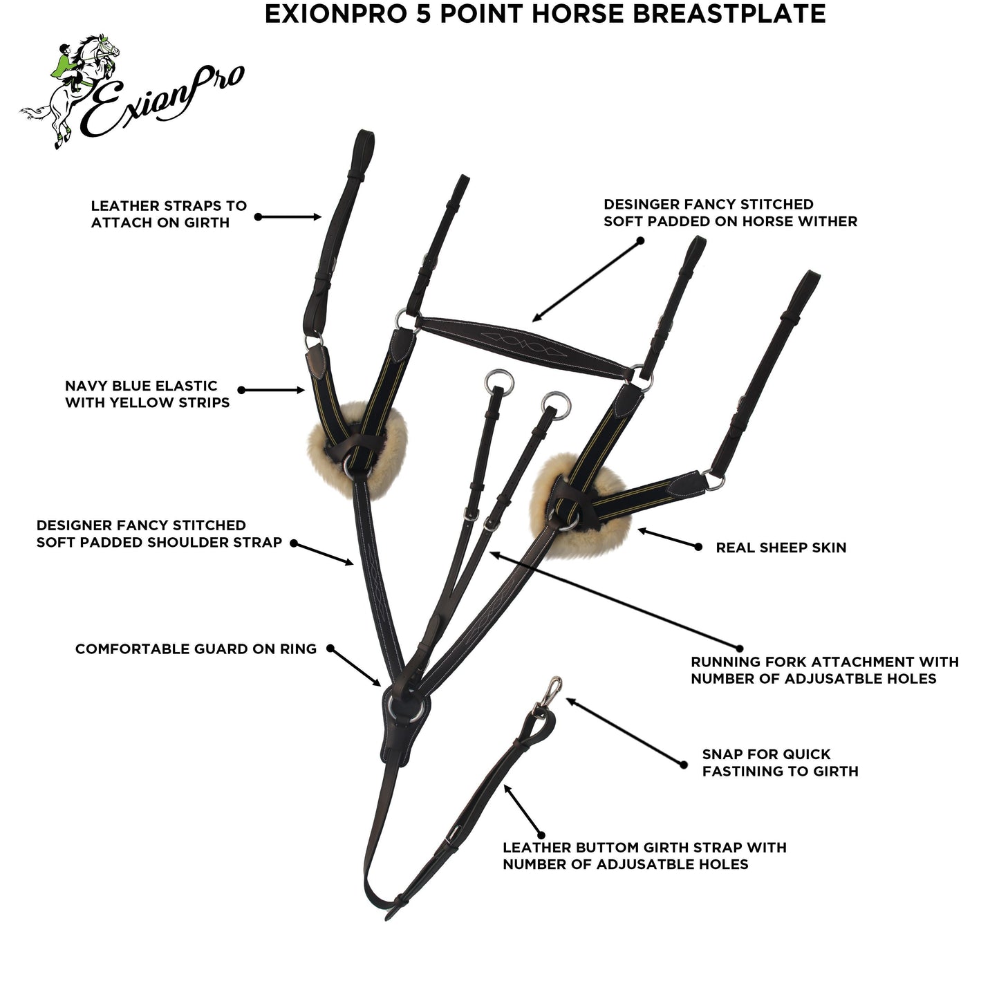 Bridles & Reins ExionPro 5 Point Breastplate - Navy Blue Elastic with Yellow Line