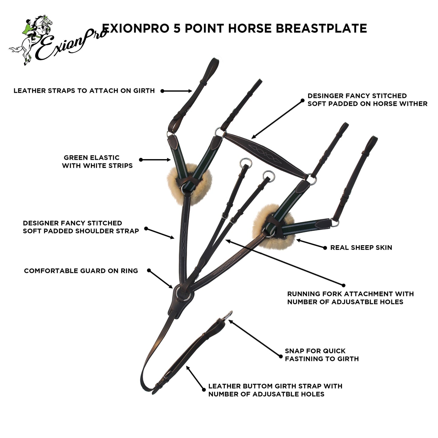 Bridles & Reins ExionPro 5 Point Breastplate - Green Elastic with White Lines