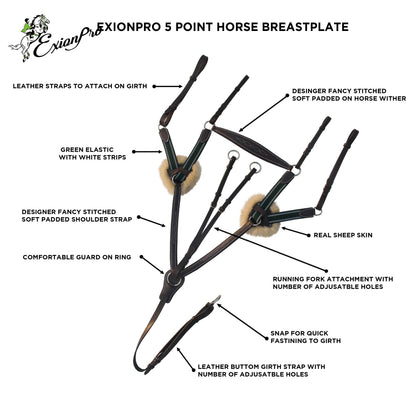 Bridles & Reins ExionPro 5 Point Breastplate - Green Elastic with White Lines