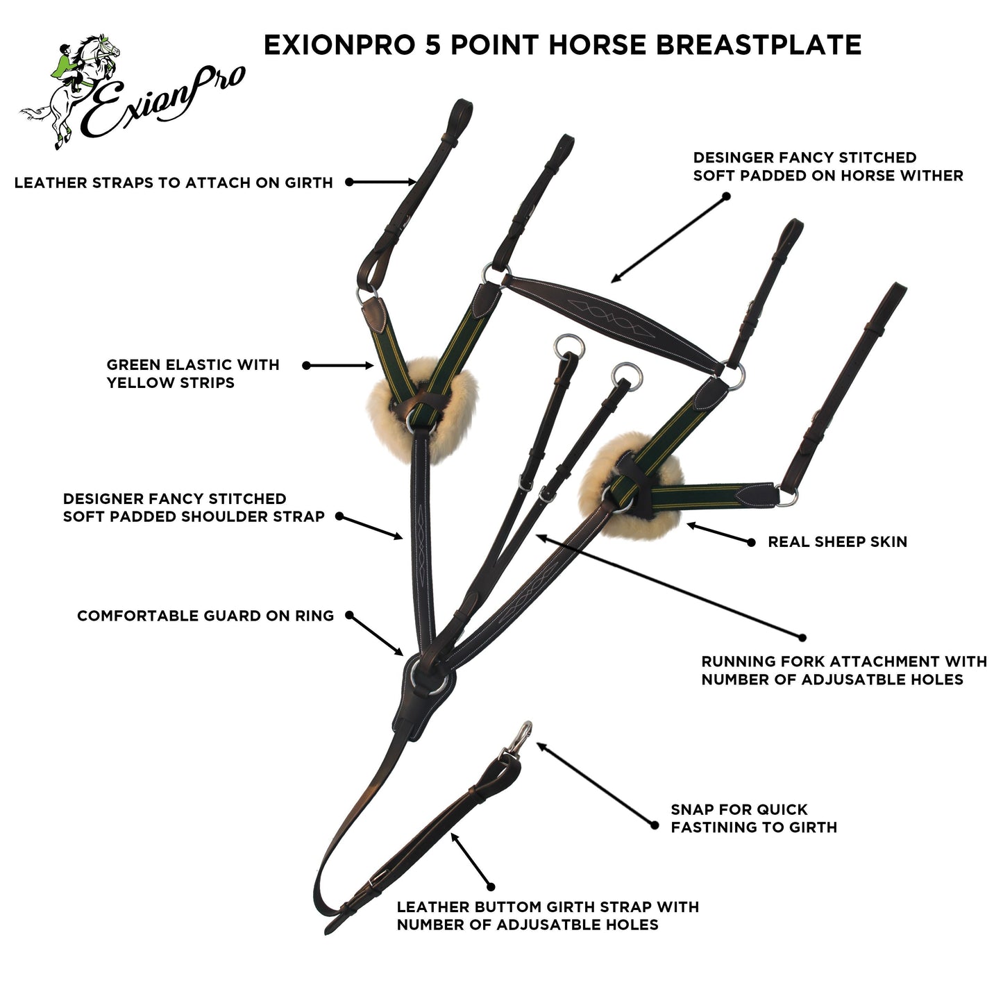 Bridles & Reins ExionPro 5 Point Breastplate - Green Elastic with Yellow Lines