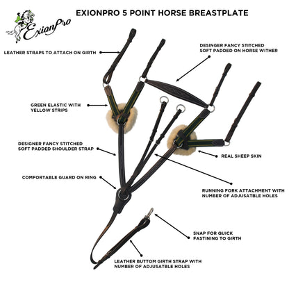 Bridles & Reins ExionPro 5 Point Breastplate - Green Elastic with Yellow Lines