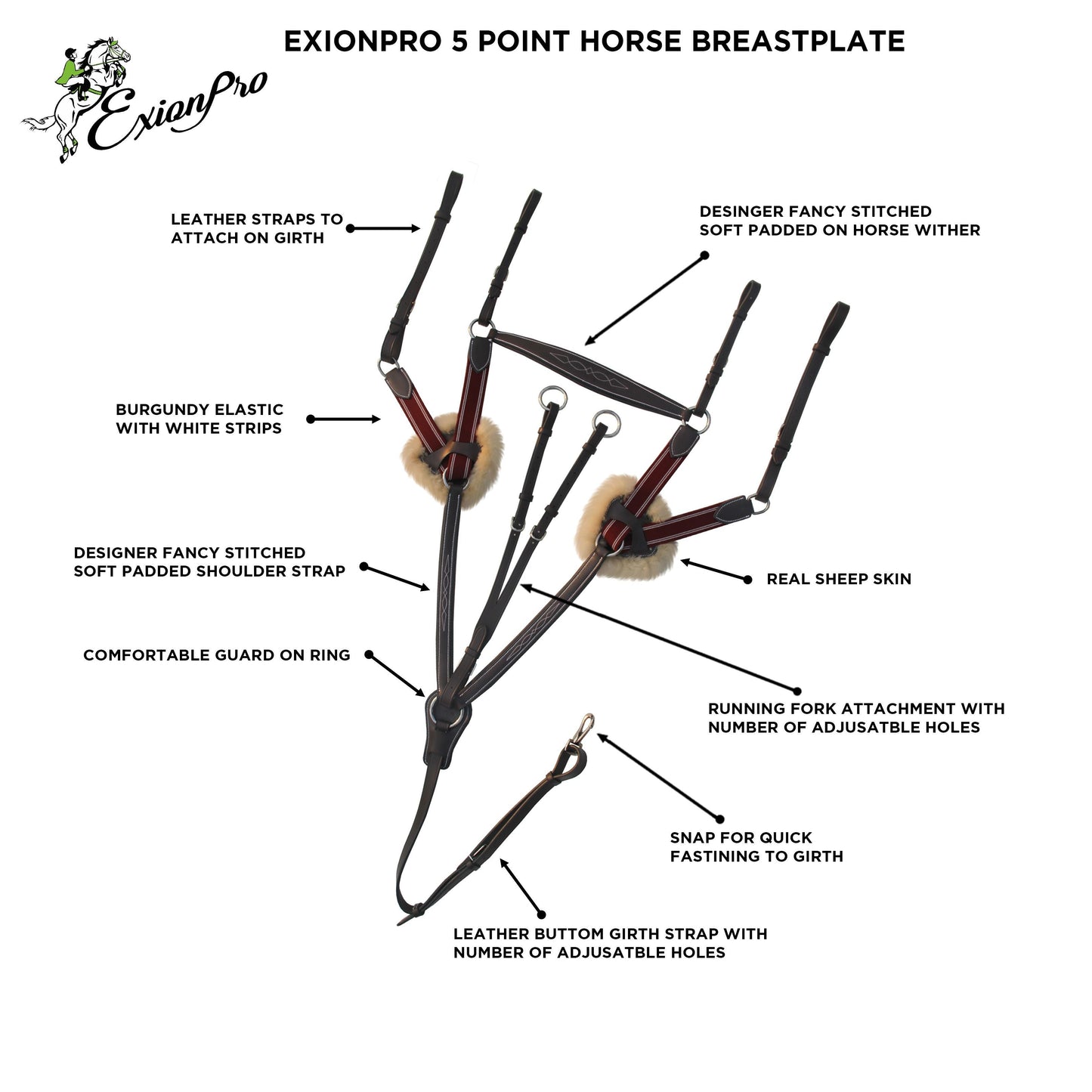 Bridles & Reins ExionPro 5 Point Breastplate - Burgundy Elastic with White Strips