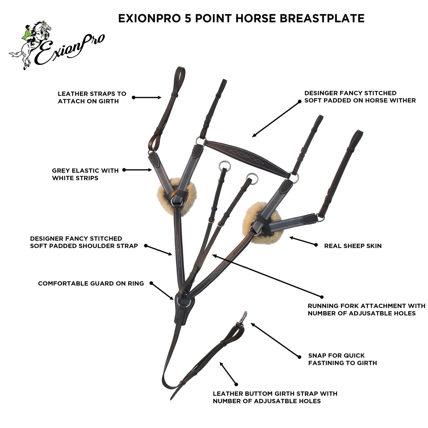 Bridles & Reins ExionPro 5 Point Breastplate - Grey Elastic with White Lines