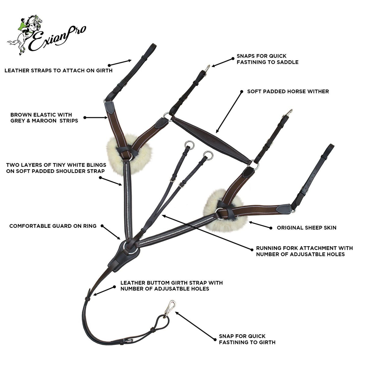 Bridles & Reins ExionPro 5 Point Bling Breastplate with Elastic & Sheepskin Padding
