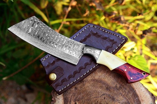 KBS Knives Cleaver Knife with Full Tang Damascus Steel Blade and Exotic Pakka Wood, Bone, and Damascus Bolster - 10.5 Inches