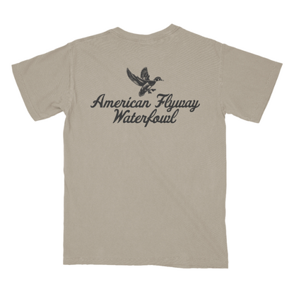 American Flyway Waterfowl Vintage Wood Duck Logo Design with Pocket in Khaki