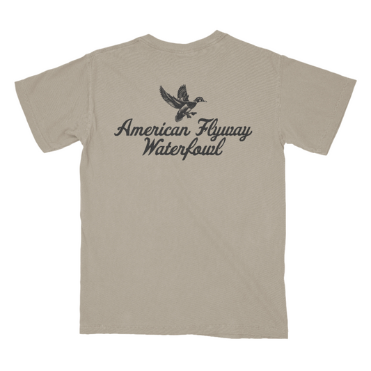 American Flyway Waterfowl Vintage Wood Duck Logo Design with Pocket in Khaki