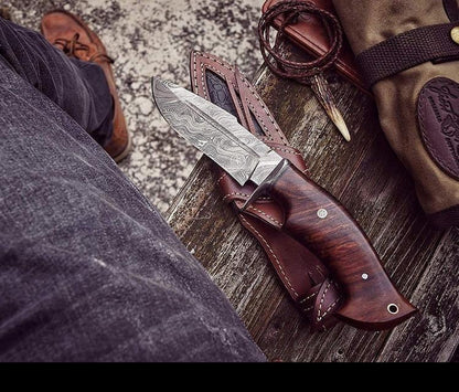 Texan Knives Good Hunting Knives – 10" Damascus Steel Blade with Rosewood Handle & Leather Sheath