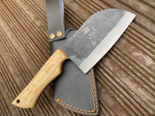 KBS Knives Premium Cleaver Knife for Sale - 10-Inch Full Tang 1095 Steel Blade, Oak Wood Handle, Leather Sheath - KBS Knives Store
