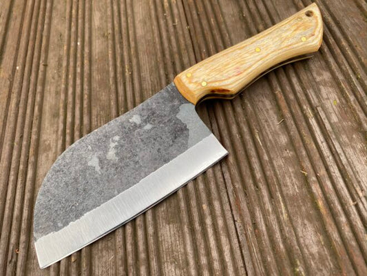 KBS Knives Premium Cleaver Knife for Sale - 10-Inch Full Tang 1095 Steel Blade, Oak Wood Handle, Leather Sheath - KBS Knives Store