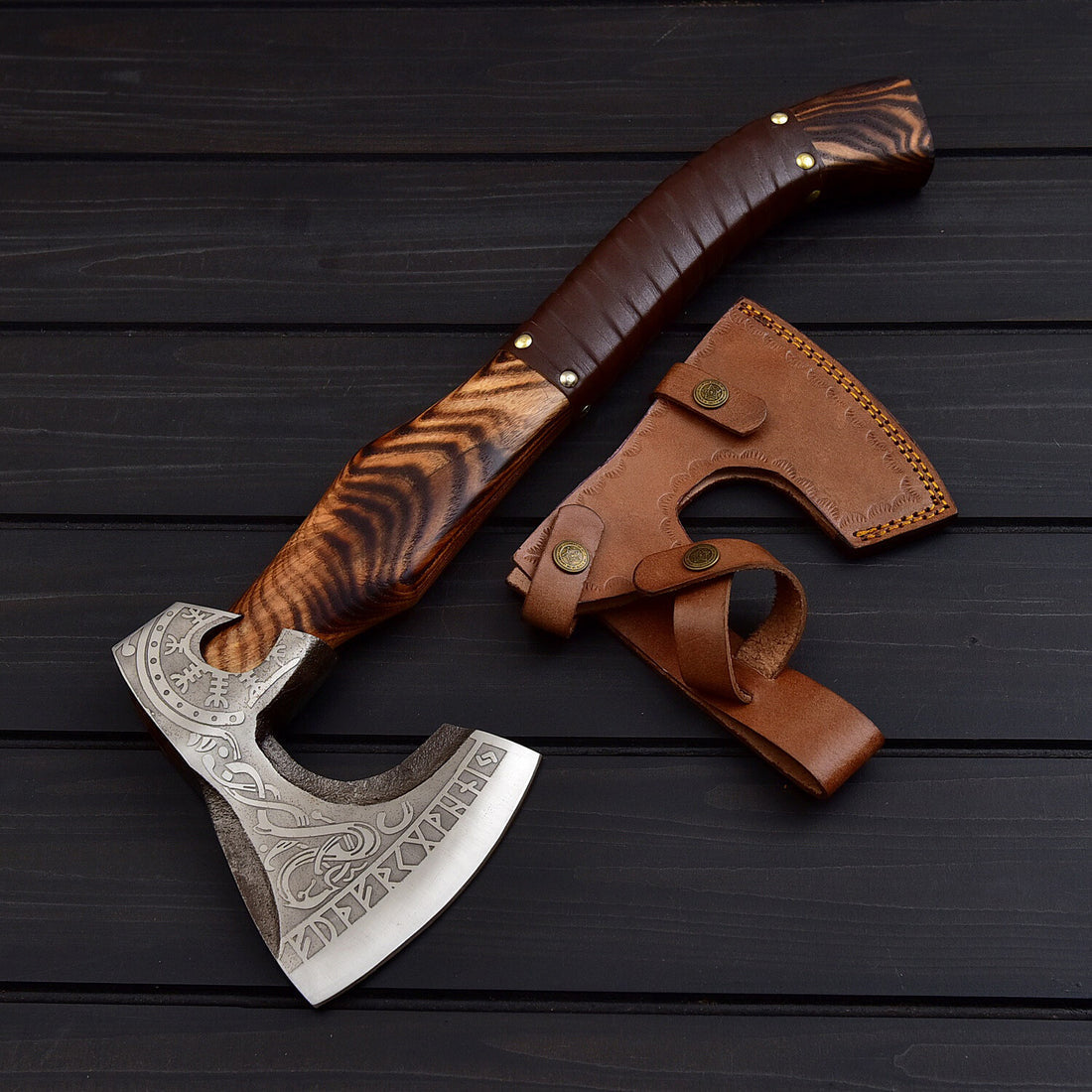 KBS Knives Store Viking Tomahawk for Sale - Engraved 1095 Forged Steel Blade, Ash Wood Handle with Leather Wrap, Leather Sheath - KBS Knives Store