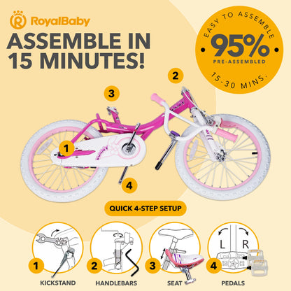 RoyalBaby Princess Girl Kids Outdoor Bicycle 18" with Kickstand, Bunny/Fuchsia