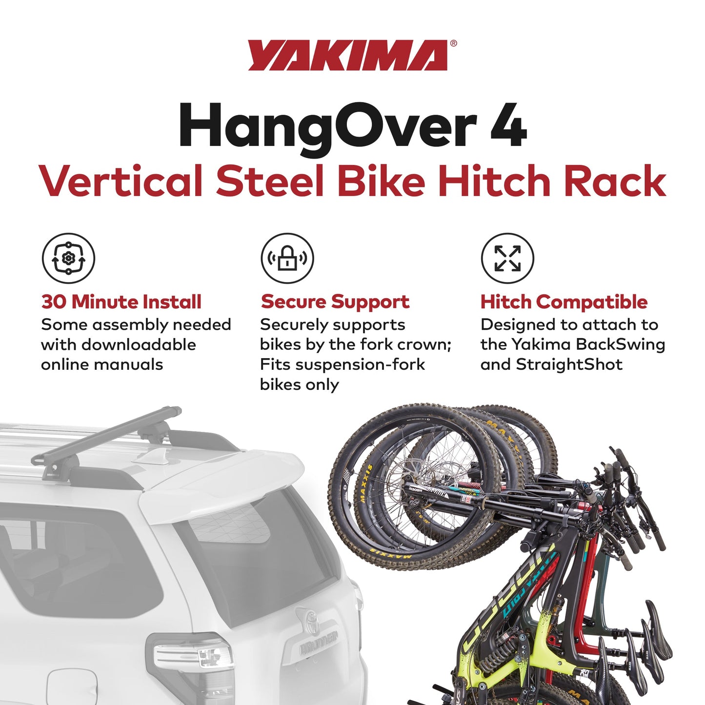 Yakima HangOver 4 Adjustable Vertical Steel Mountain Bike Hitch Rack for 4 Bikes