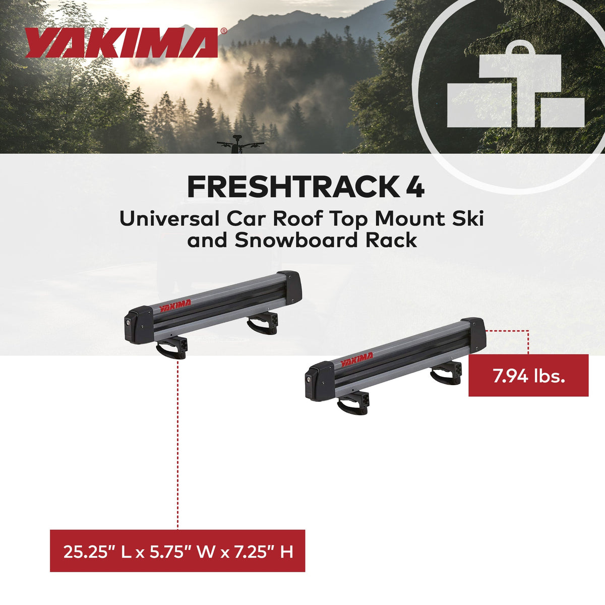 Yakima FreshTrack 4 Universal Car Roof Top Mount Ski and Snowboard Rack, Black