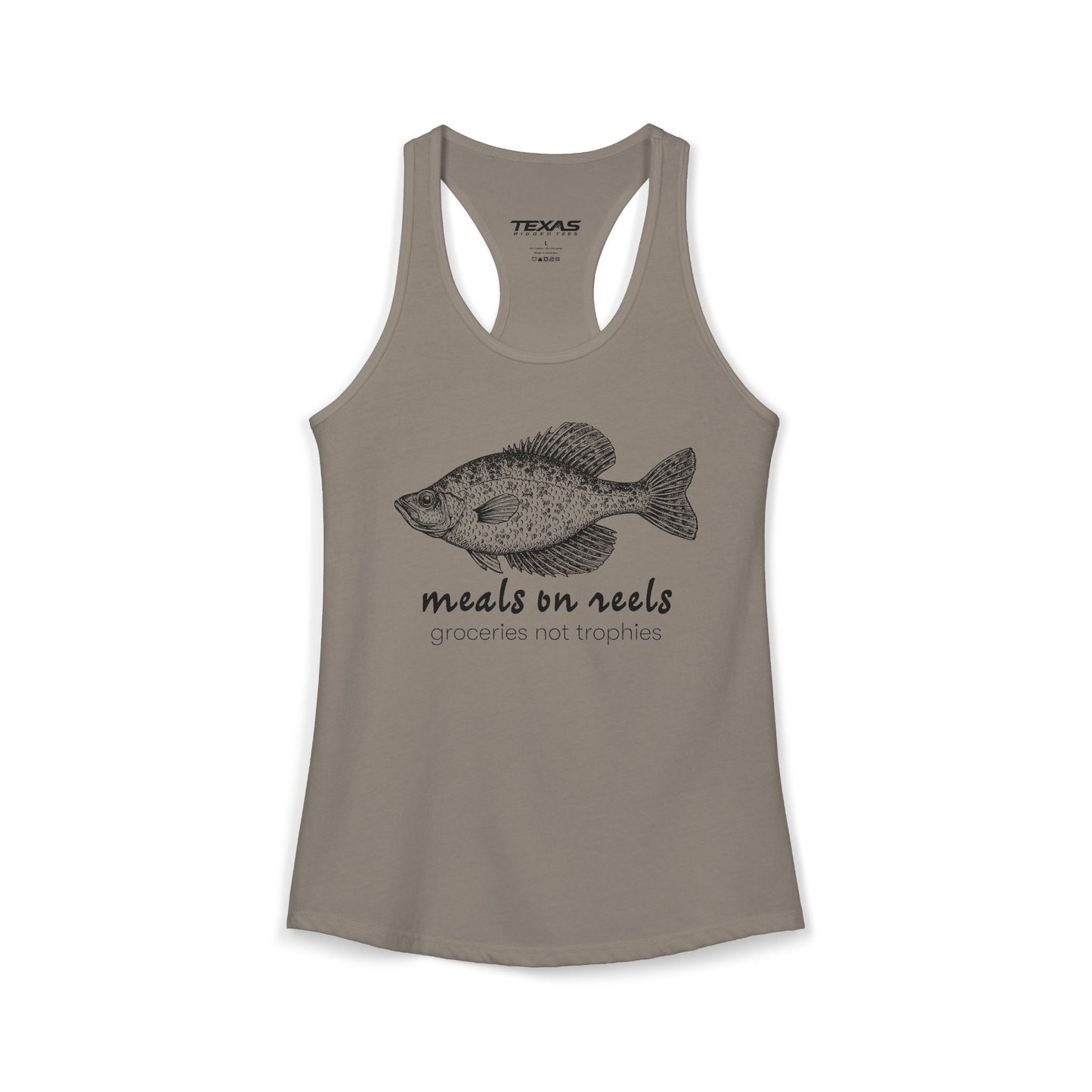 Texas Rigged Tees Meals on Reels: Groceries Not Trophies — Women’s Racerback Tank