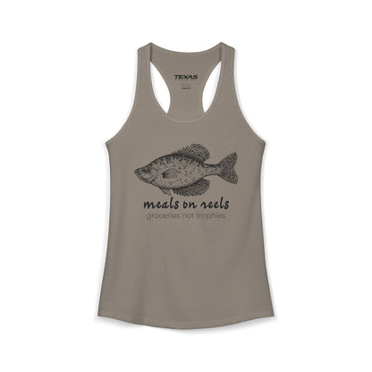 Texas Rigged Tees Meals on Reels: Groceries Not Trophies — Women’s Racerback Tank