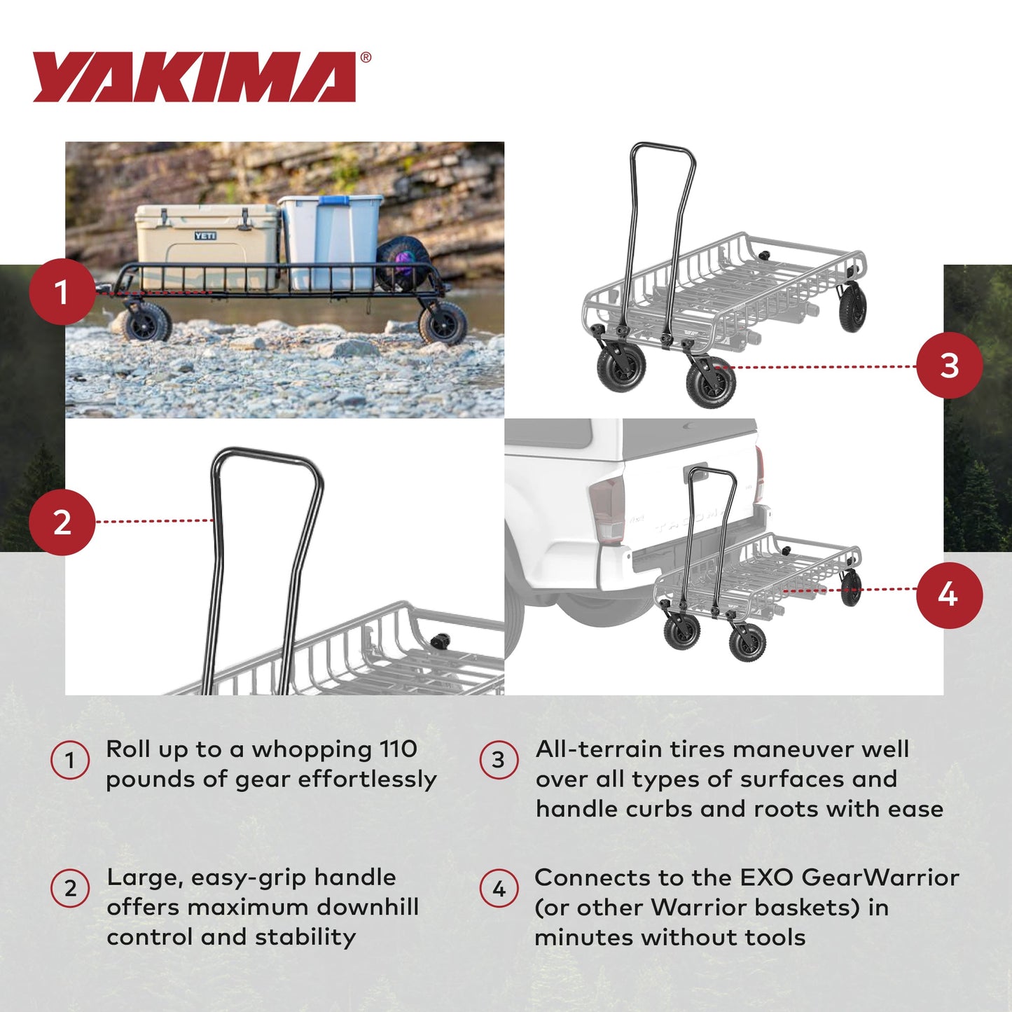 Yakima EXO WarriorWheels Sturdy Heavy Duty Aluminum Cargo Basket Cart Kit, Black