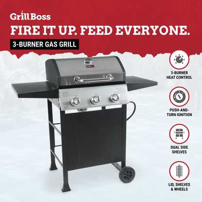 Grill Boss 27,000 BTU 3 Burner Gas Grill with Wheels, Cover, and Side Shelves
